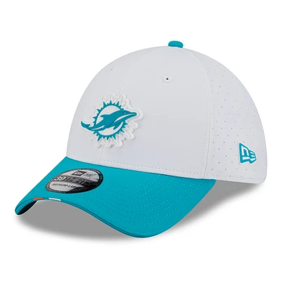 Men's New Era White/Aqua Miami Dolphins 2025 NFL Training Camp 39THIRTY Flex Hat