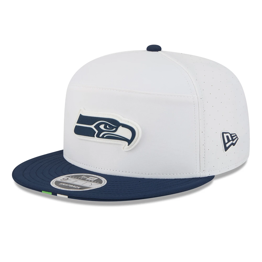 Men's New Era White/College Navy Seattle Seahawks 2025 NFL Training Camp Split Panel 9FIFTY Snapback Hat