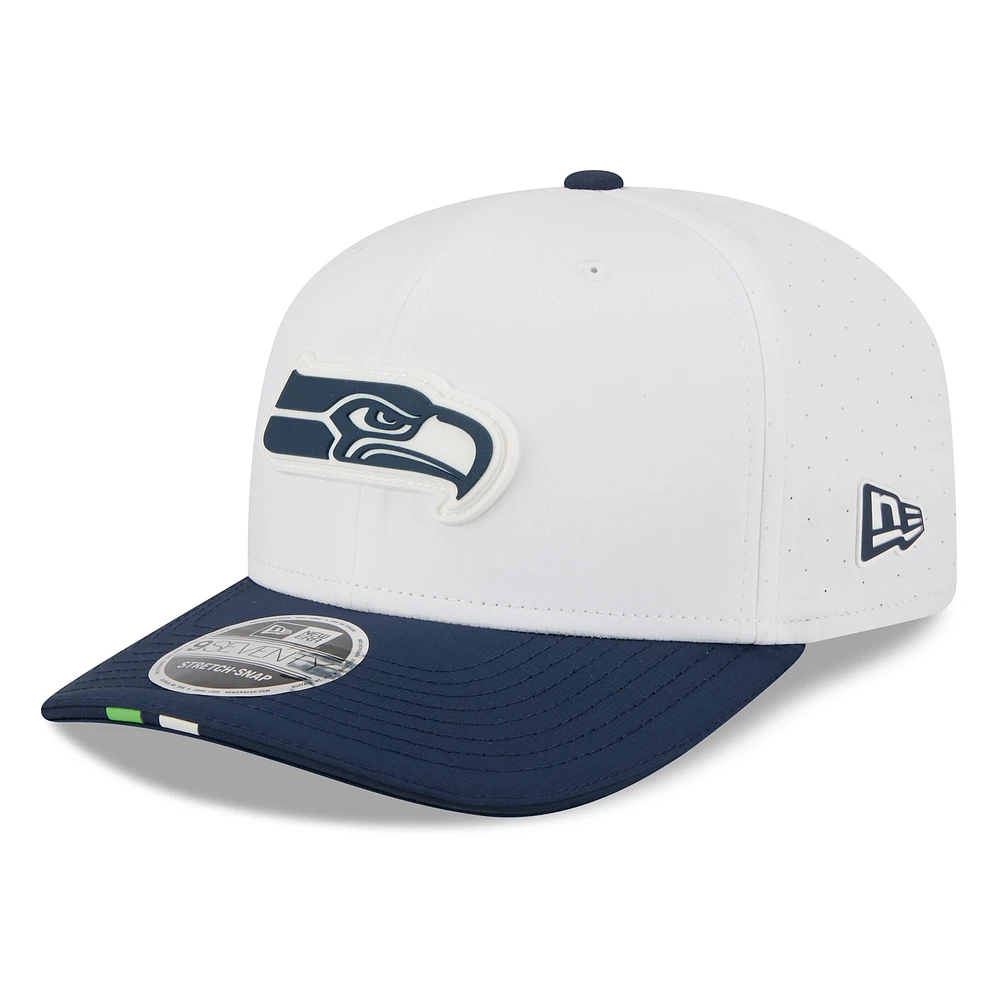 Men's New Era White/College Navy Seattle Seahawks 2025 NFL Training Camp 9SEVENTY Adjustable Hat