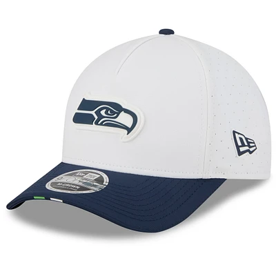Men's New Era White/College Navy Seattle Seahawks 2025 NFL Training Camp A-Frame 9FORTY Adjustable Hat