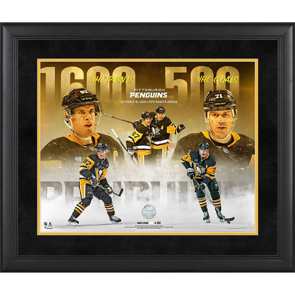 Sidney Crosby & Evgeni Malkin Pittsburgh Penguins Framed 16" x 20" 500th Goal & 1,600th Point Collage with a Piece of Game-Used Net from PPG Paints Arena on October 16, 2024 - Limited Edition of 250