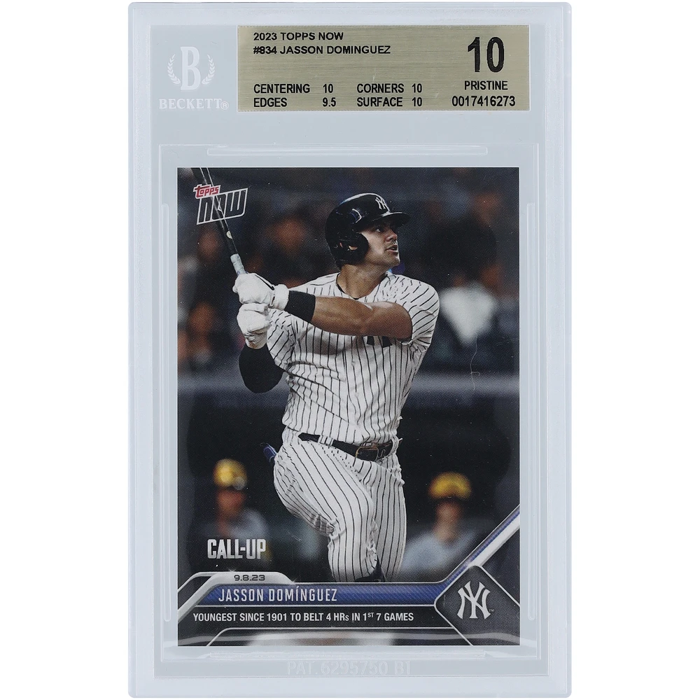 Jasson Domínguez New York Yankees 2023 Topps Now Youngest Since 1901 to Belt 4 HR's in 1st 7 Games #834 BGS Authenticated 10 Rookie Card - 10,10,9.5,10 Subgrades