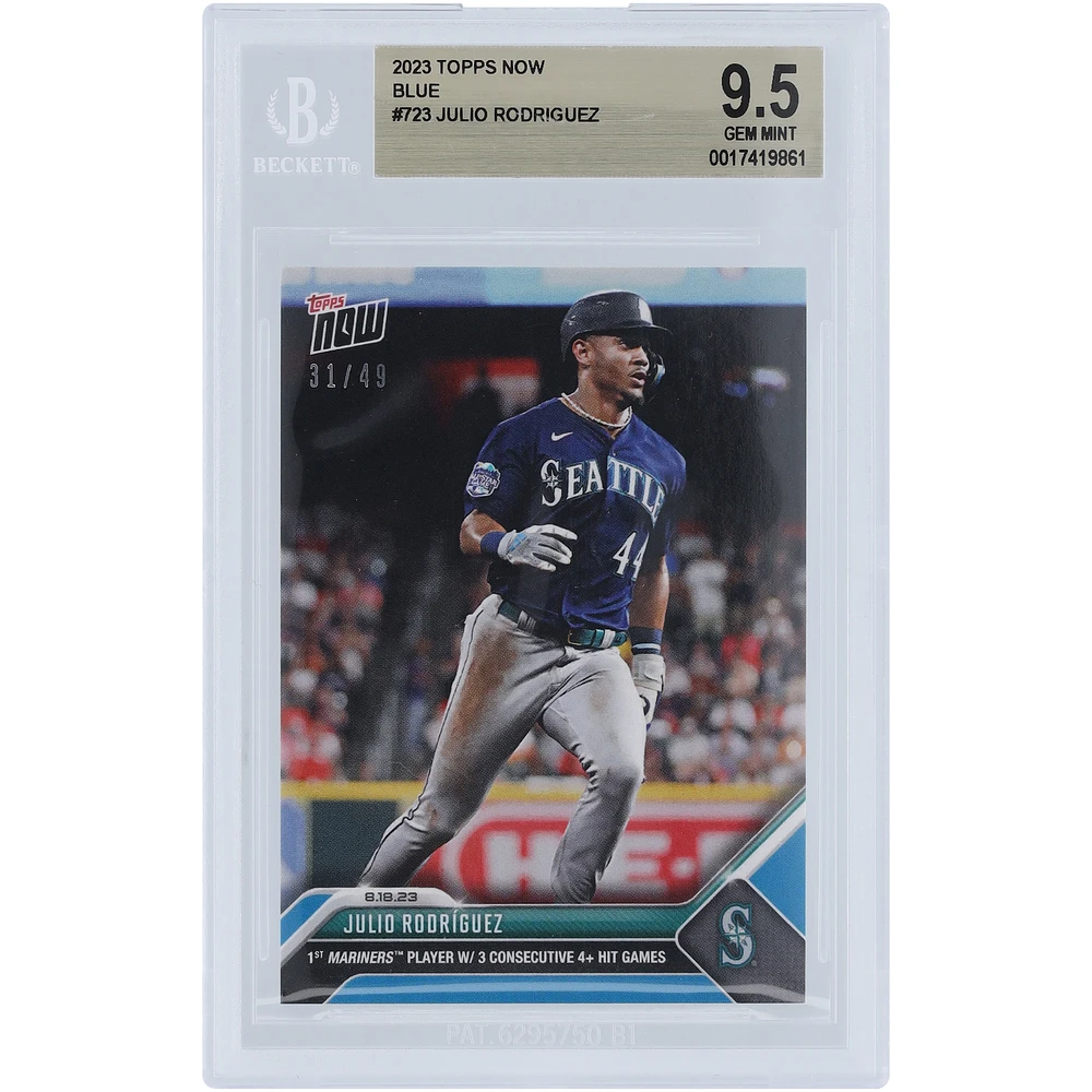 Julio Rodriguez Seattle Mariners 2023 Topps Now 1st Mariners Player w/ 3 Consecutive 4+ Hit Games Blue #723 #/49 BGS Authenticated 9.5 Card
