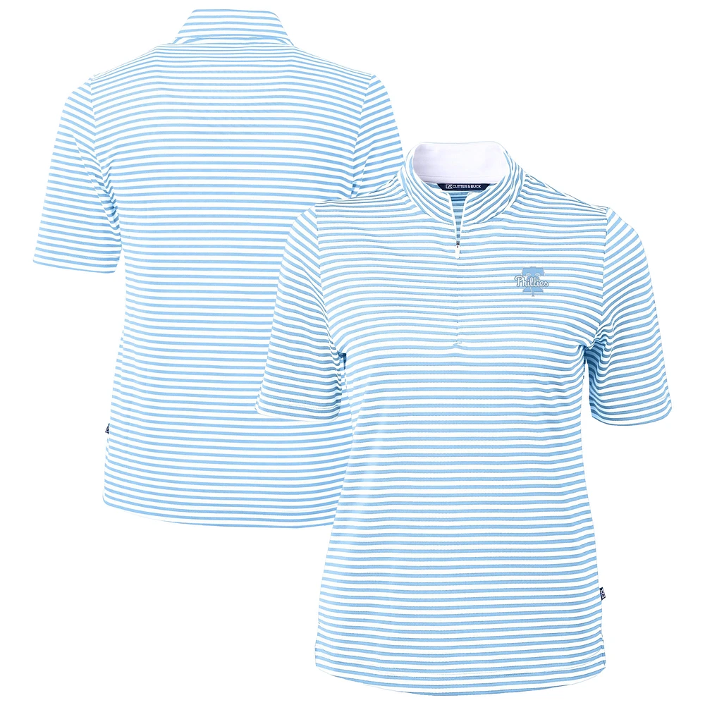 Women's Cutter & Buck Powder Blue Philadelphia Phillies Virtue Eco Pique Stripe Recycled Quarter-Zip Top