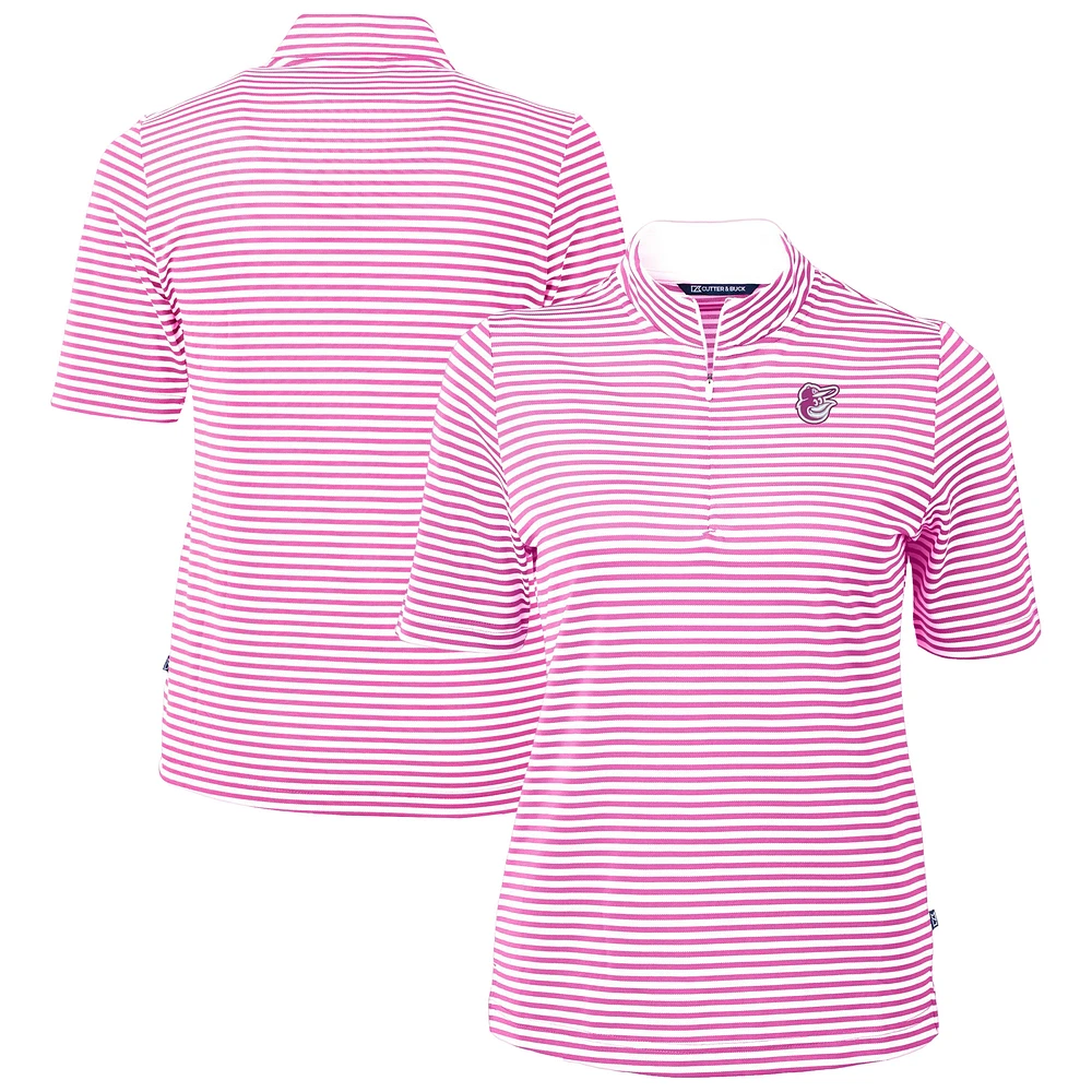 Women's Cutter & Buck Pink Baltimore Orioles Virtue Eco Pique Stripe Recycled Quarter-Zip Top