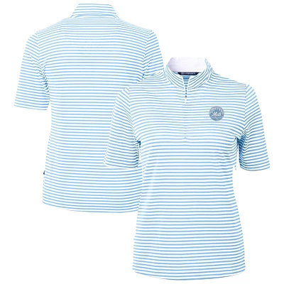 Women's Cutter & Buck Powder Blue New York Mets Virtue Eco Pique Stripe Recycled Quarter-Zip Top