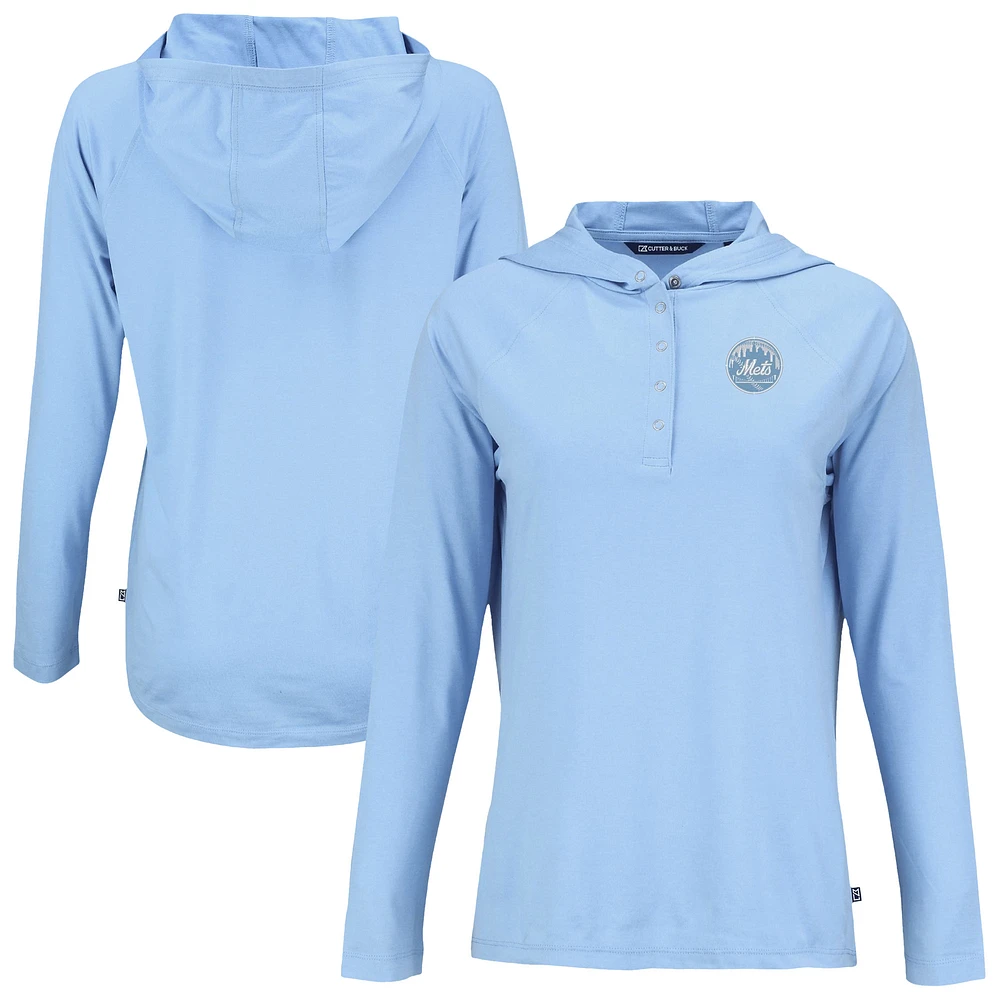 Women's Cutter & Buck Powder Blue New York Mets Coastline Epic Comfort Eco Recycled Long Sleeve Hoodie T-Shirt