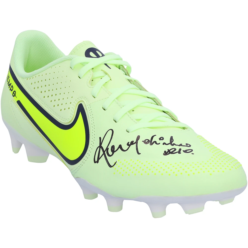 Ronaldinho Barcelona Autographed Tiempo Lime Green Nike Soccer Cleat - BAS
