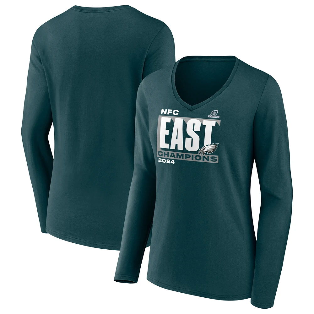 Women's Fanatics Midnight Green Philadelphia Eagles 2024 NFC East Division Champions Conquer Long Sleeve V-Neck T-Shirt