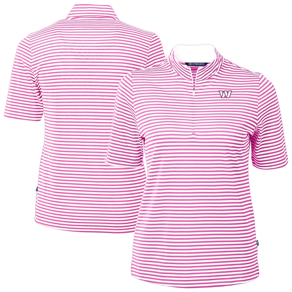Women's Cutter & Buck Pink Washington Commanders Virtue Eco Pique Stripe Recycled Quarter-Zip Top