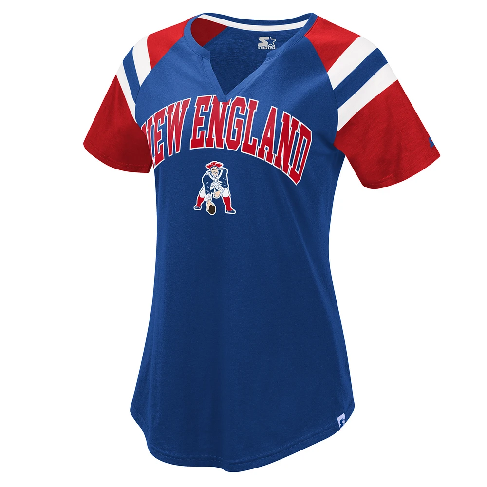 Women's Starter Royal New England Patriots Game On Notch Neck Raglan T-Shirt