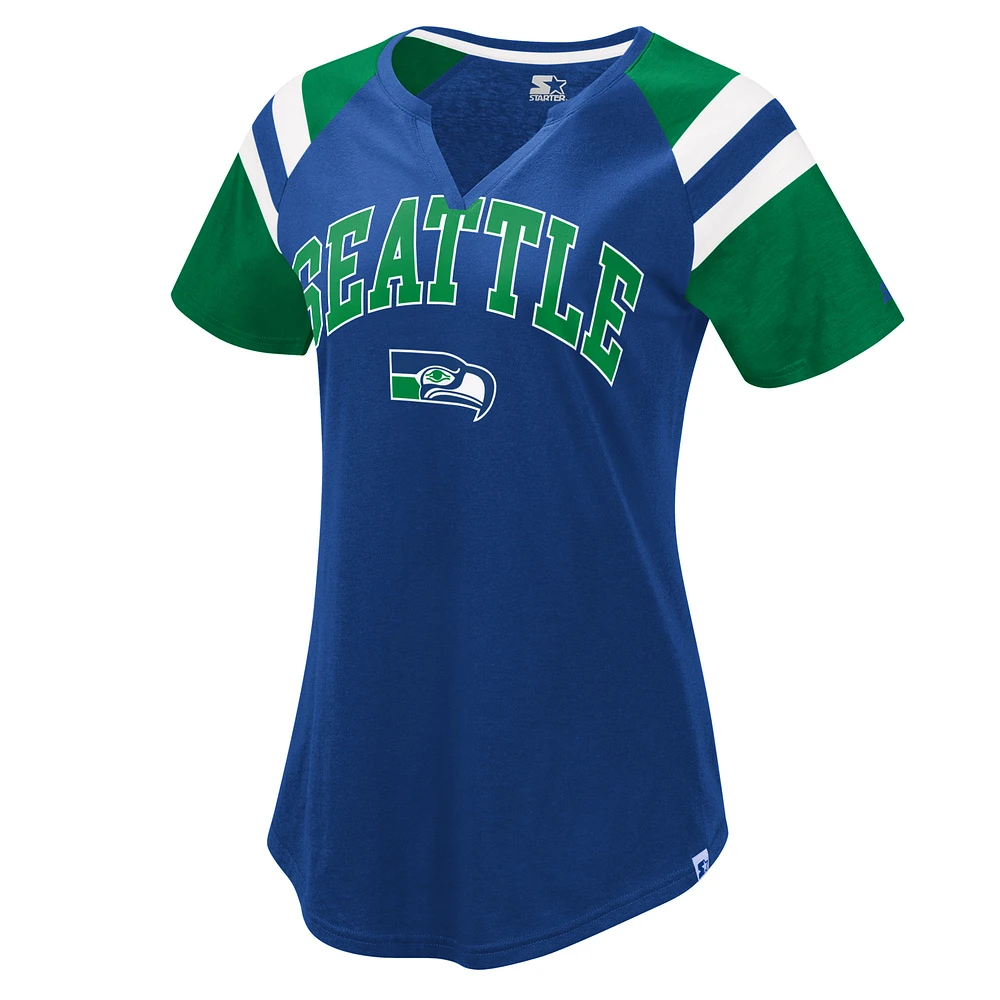 Women's Starter Royal Seattle Seahawks Game On Notch Neck Raglan T-Shirt