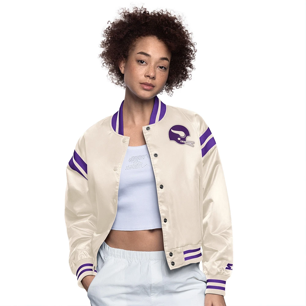 Women's Starter Cream Minnesota Vikings Full Count Full-Snap Satin Jacket