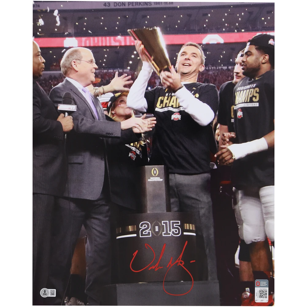 Urban Meyer Ohio State Buckeyes Autographed 16" x 20" Trophy Celebration Photograph - BAS