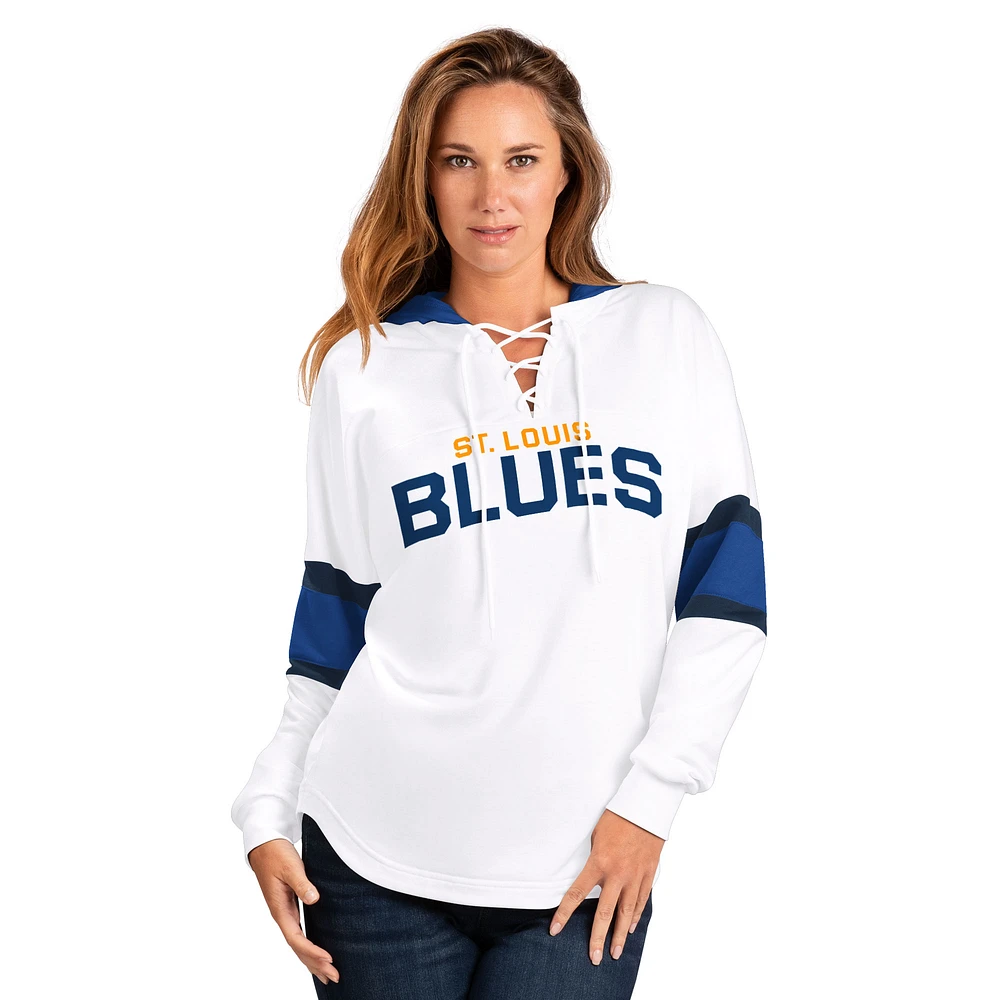 Women's G-III 4Her by Carl Banks White St. Louis Blues Goal Zone Long Sleeve Lace-Up Hoodie T-Shirt