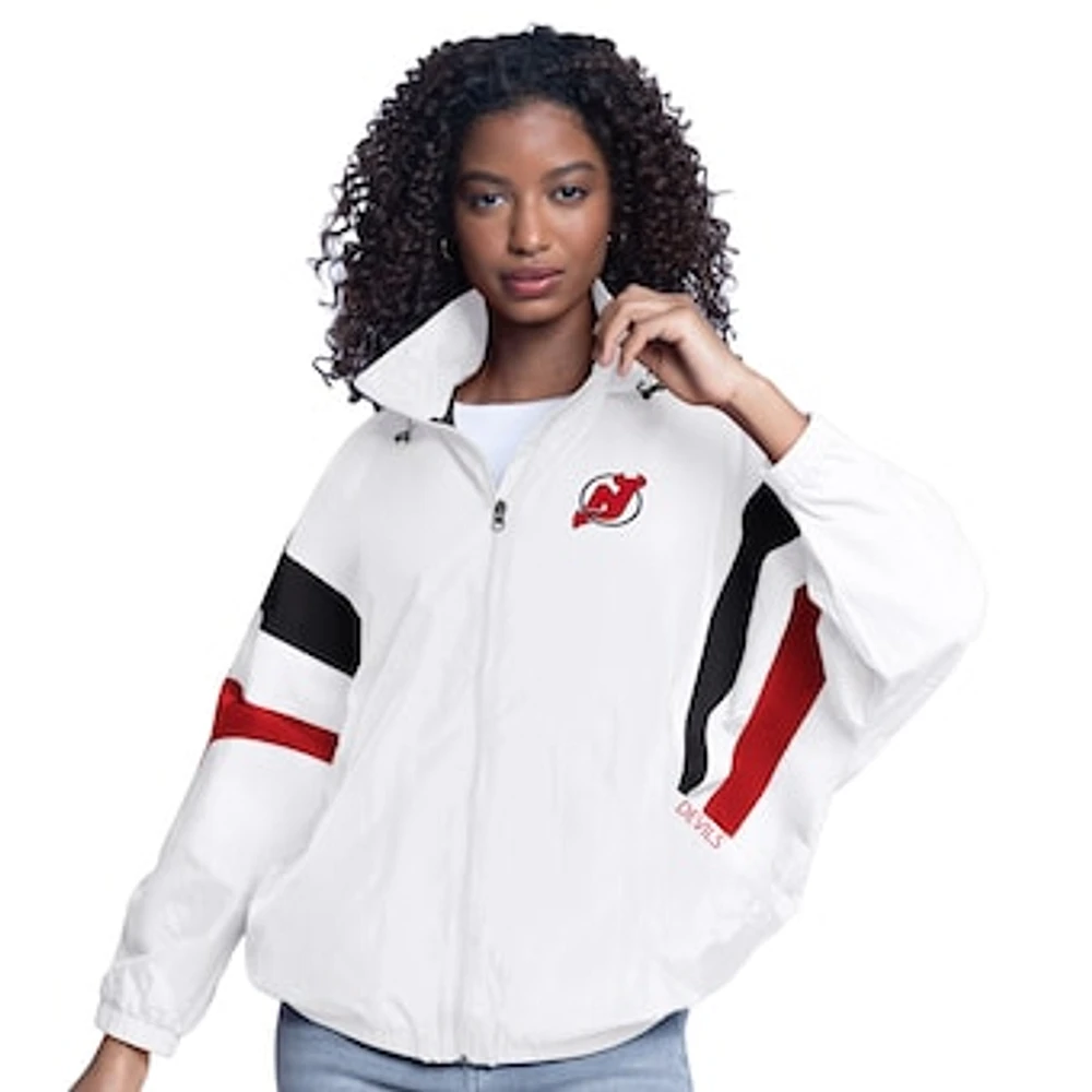 Women's G-III Sports by Carl Banks White New Jersey Devils Game News Oversized Full-Zip Hoodie Jacket