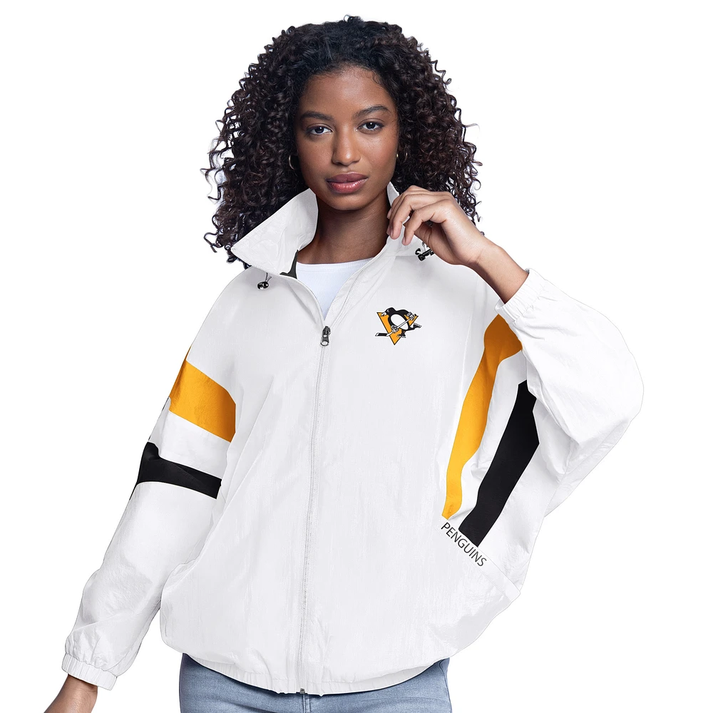 Women's G-III Sports by Carl Banks White Pittsburgh Penguins Game News Oversized Full-Zip Hoodie Jacket