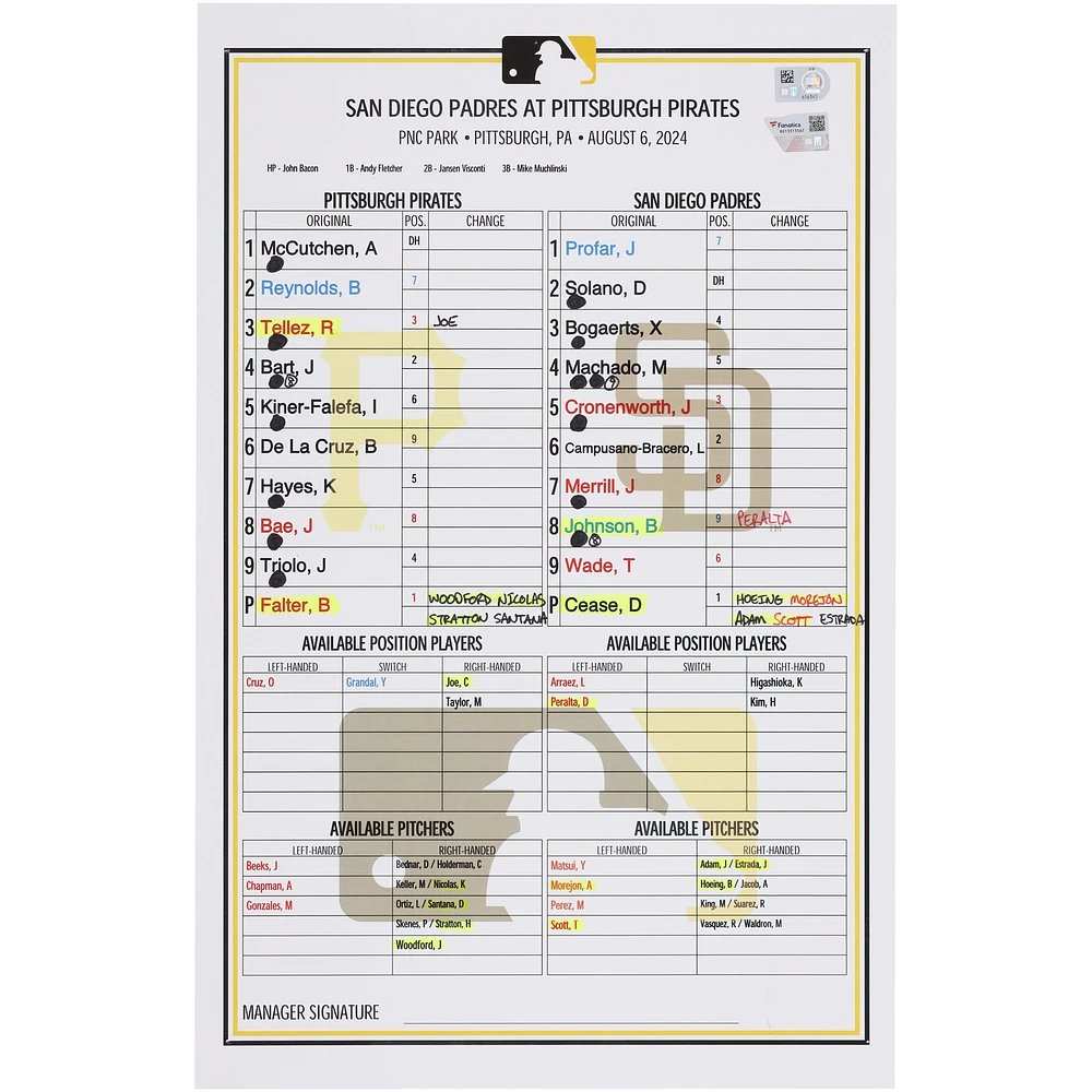 Pittsburgh Pirates Game-Used Lineup Card vs. San Diego Padres on August 6, 2024