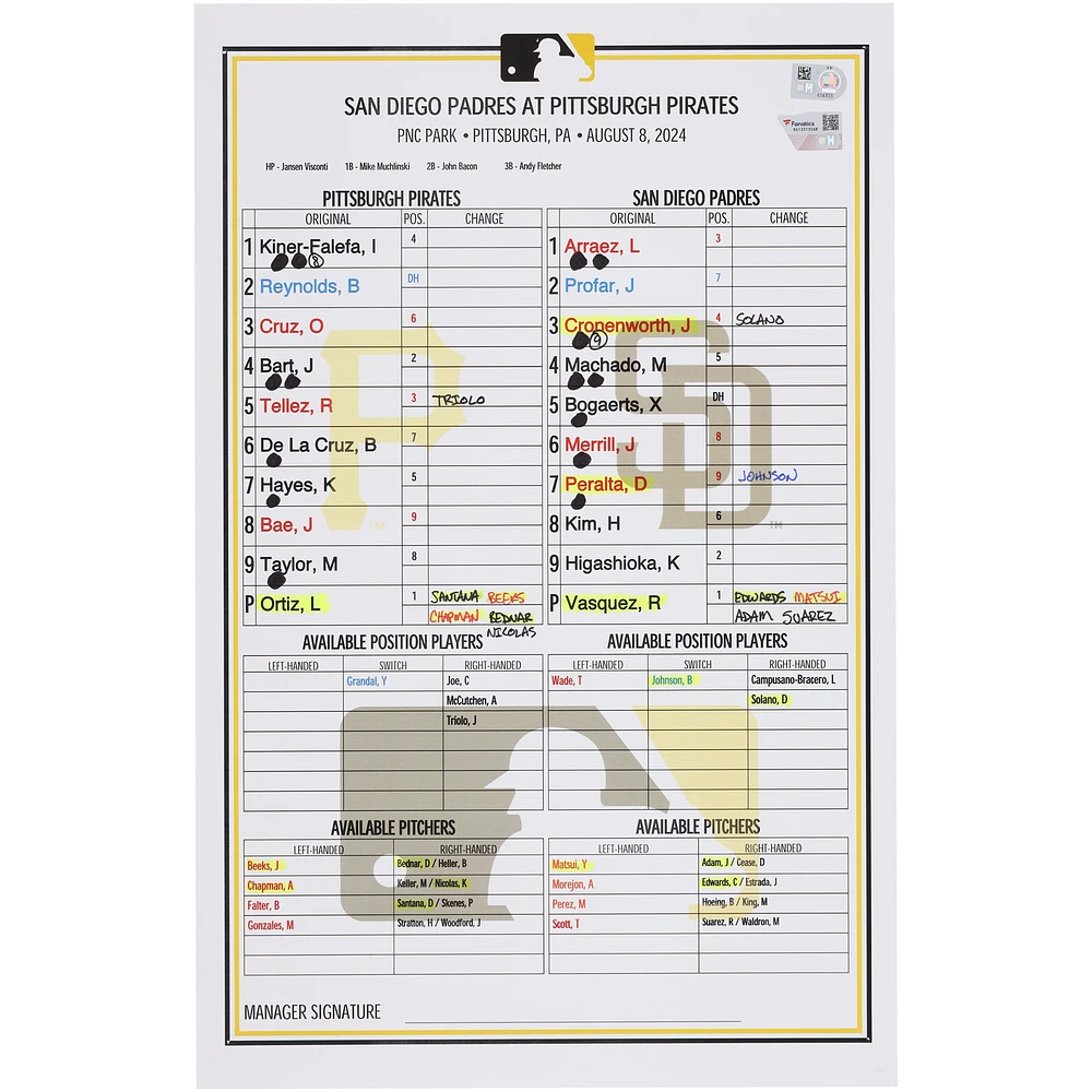 Pittsburgh Pirates Game-Used Lineup Card vs. San Diego Padres on August 8, 2024