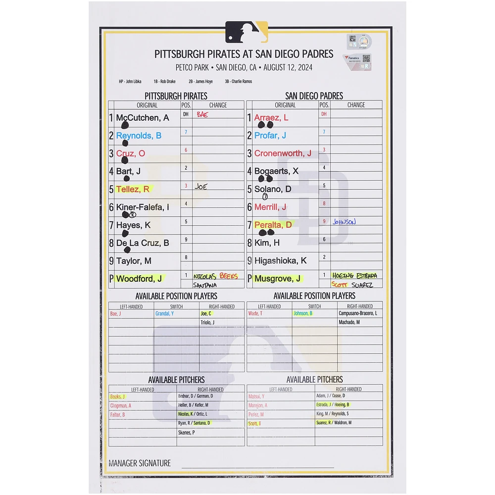 Pittsburgh Pirates Game-Used Lineup Card vs. San Diego Padres on August 12, 2024