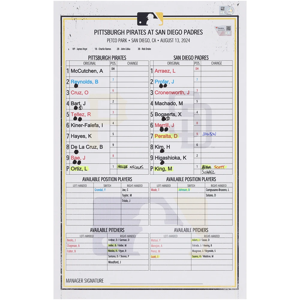 Pittsburgh Pirates Game-Used Lineup Card vs. San Diego Padres on August 13, 2024