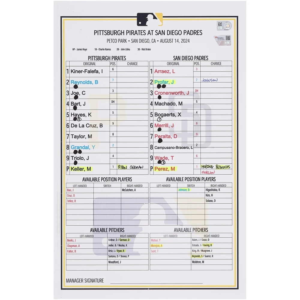 Pittsburgh Pirates Game-Used Lineup Card vs. San Diego Padres on August 14, 2024