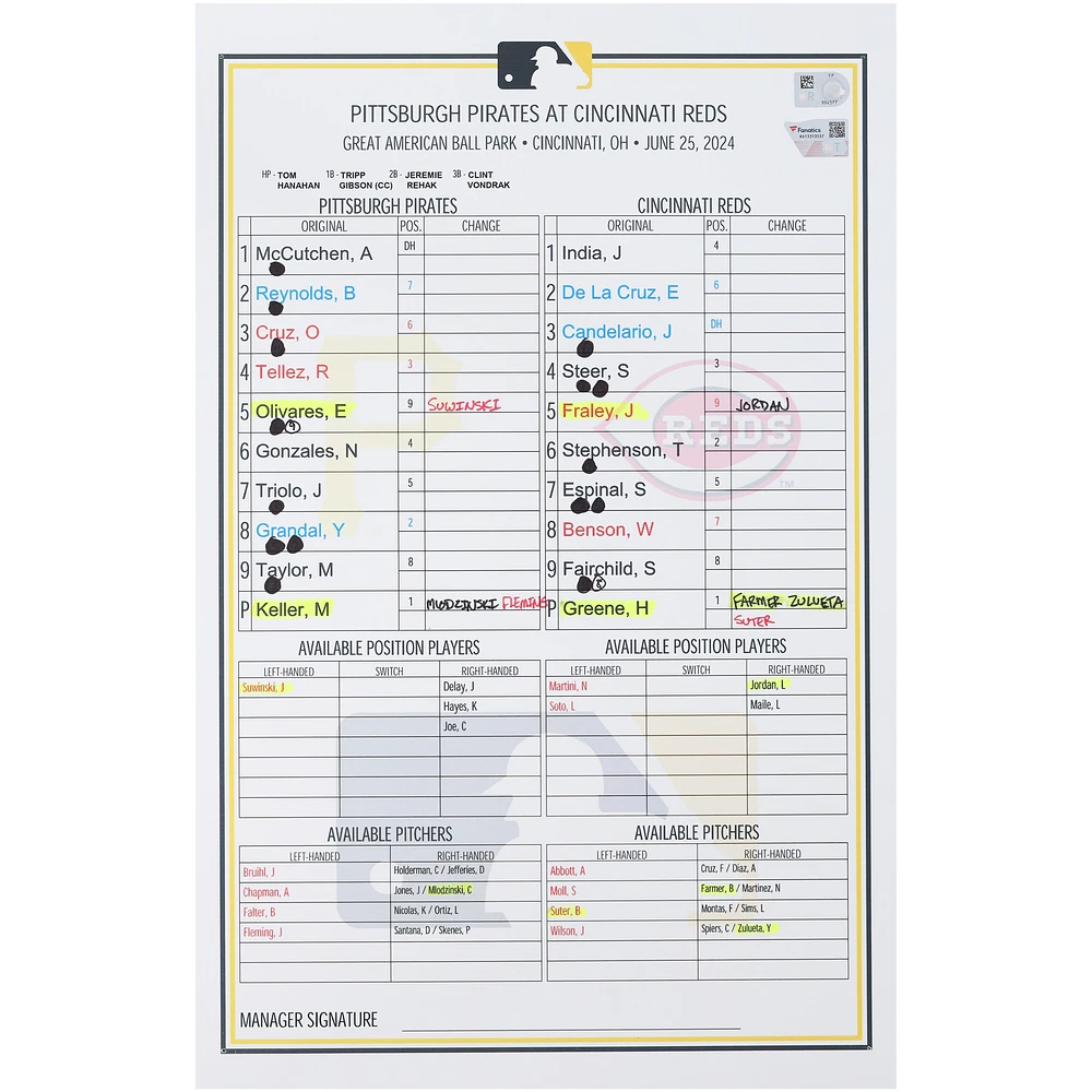 Pittsburgh Pirates Game-Used Lineup Card vs. Cincinnati Reds on June 25, 2024