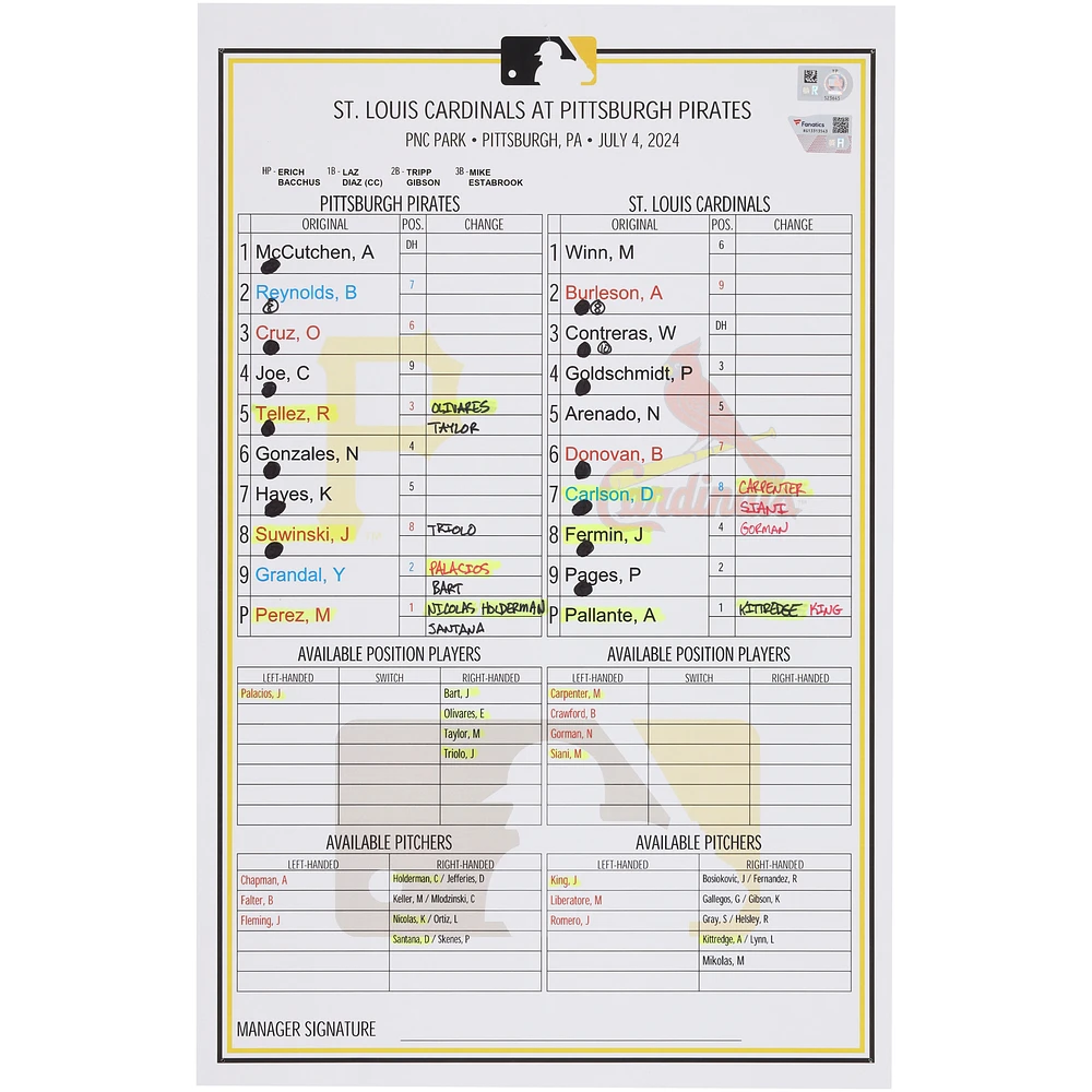 Pittsburgh Pirates Game-Used Lineup Card vs. St. Louis Cardinals on July 4, 2024