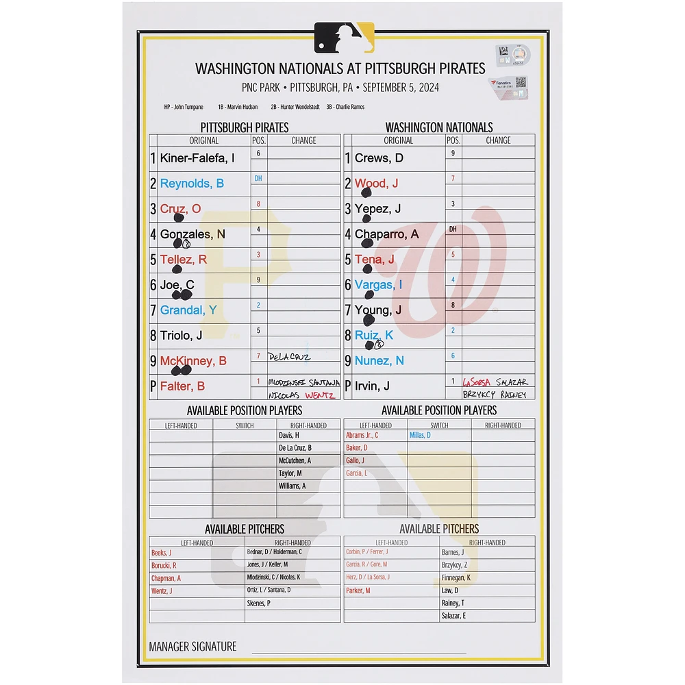 Pittsburgh Pirates Game-Used Lineup Card vs. Washington Nationals on September 5, 2024