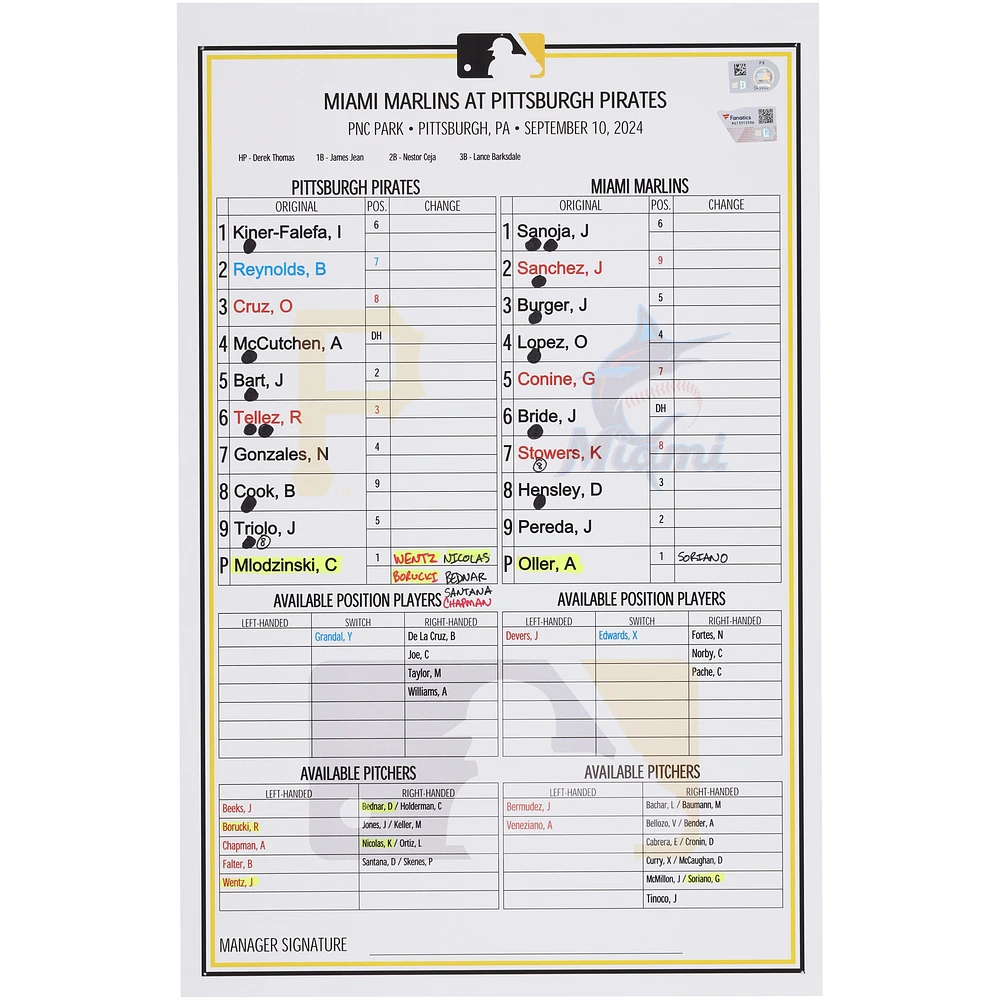 Pittsburgh Pirates Game-Used Lineup Card vs. Miami Marlins on September 10, 2024
