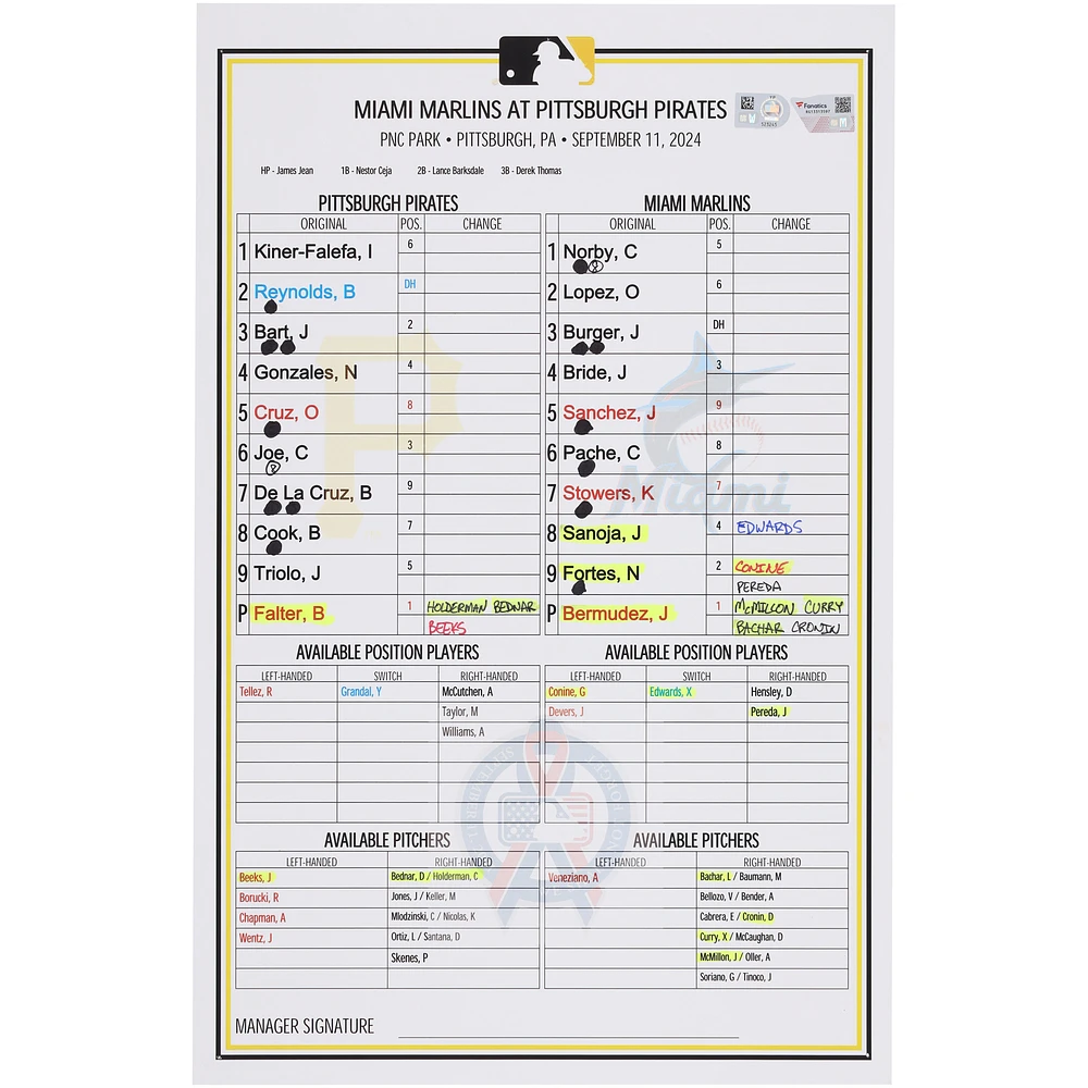 Pittsburgh Pirates Game-Used Lineup Card vs. Miami Marlins on September 11, 2024