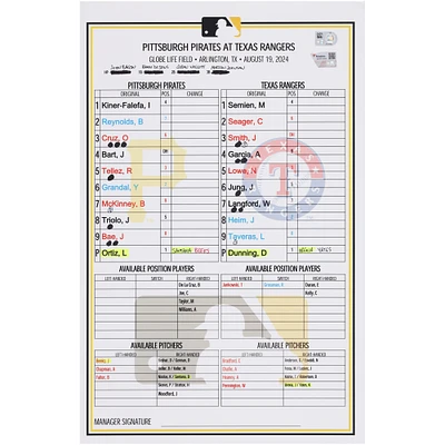 Pittsburgh Pirates Game-Used Lineup Card vs. Texas Rangers on August 19, 2024