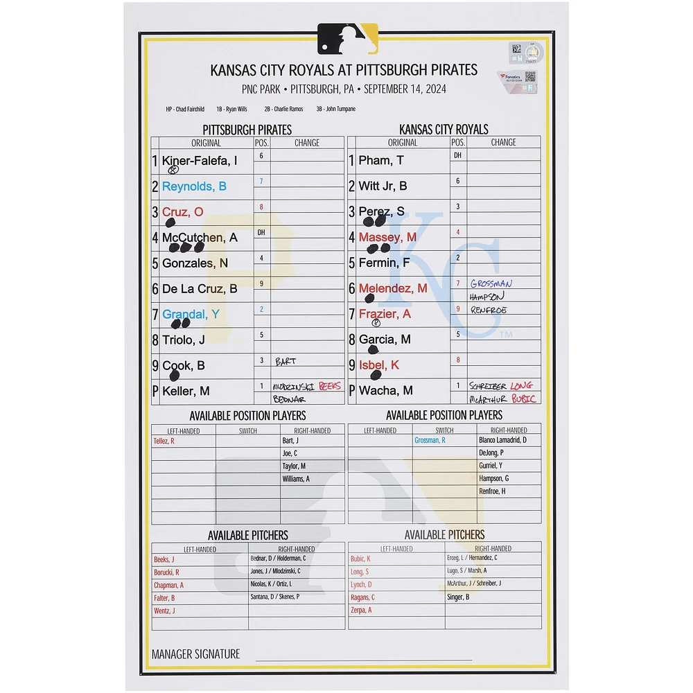 Pittsburgh Pirates Game-Used Lineup Card vs. Kansas City Royals on September 14, 2024