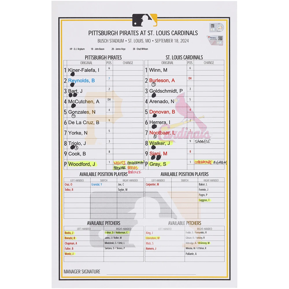 Pittsburgh Pirates Game-Used Lineup Card vs. St. Louis Cardinals on September 18, 2024