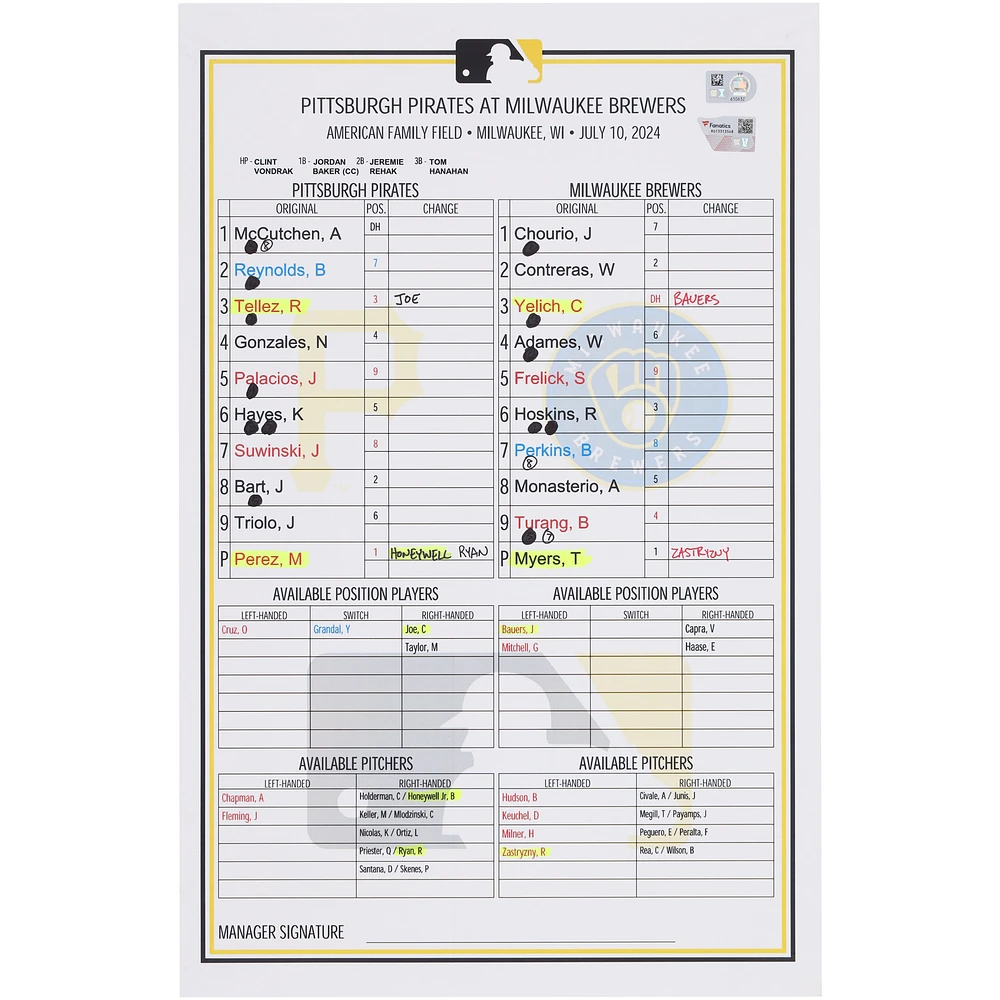 Pittsburgh Pirates Game-Used Lineup Card vs. Milwaukee Brewers on July 10