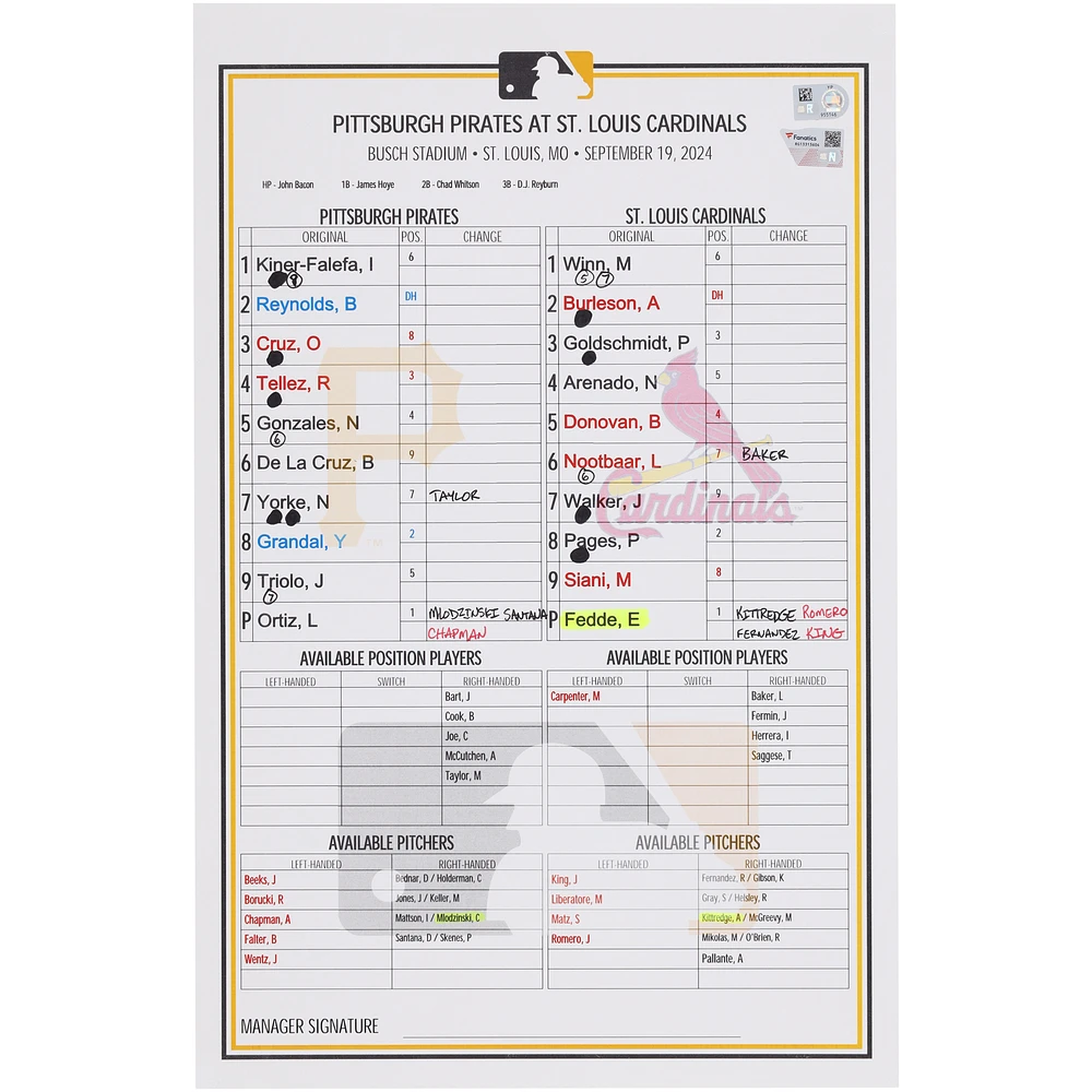 Pittsburgh Pirates Game-Used Lineup Card vs. St. Louis Cardinals on September 19, 2024