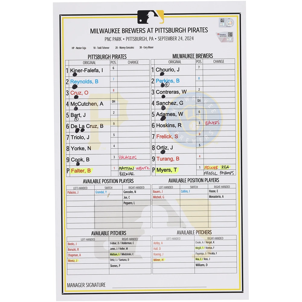 Pittsburgh Pirates Game-Used Lineup Card vs. Milwaukee Brewers on September 24, 2024