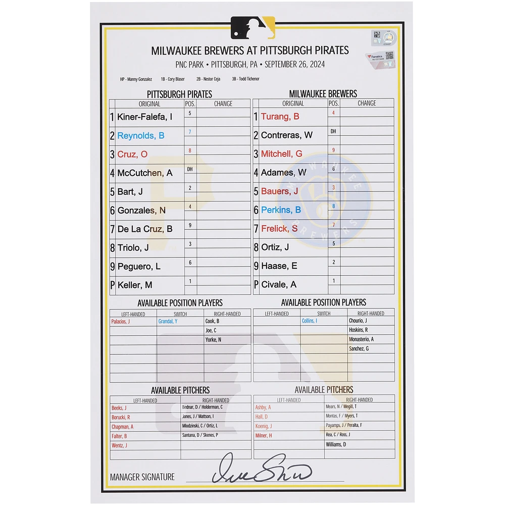 Pittsburgh Pirates Game-Used Lineup Card vs. Milwaukee Brewers on September 26, 2024