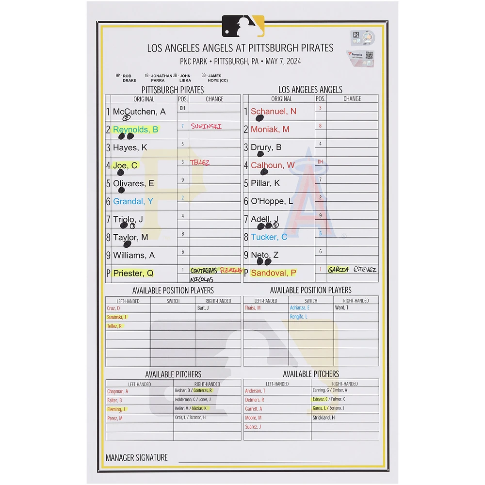 Pittsburgh Pirates Game-Used Lineup Card vs. Los Angeles Dodgers on May 7, 2024