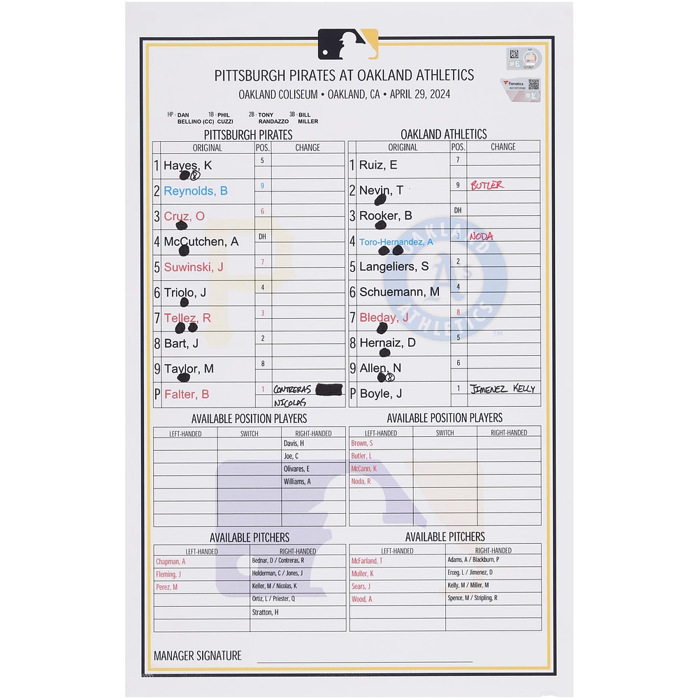 Pittsburgh Pirates Game-Used Lineup Card vs. Oakland Athletics on April 29, 2024