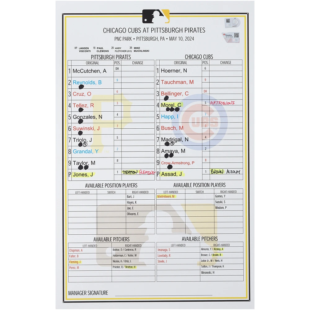 Pittsburgh Pirates Game-Used Lineup Card vs. Chicago Cubs on May 10, 2024