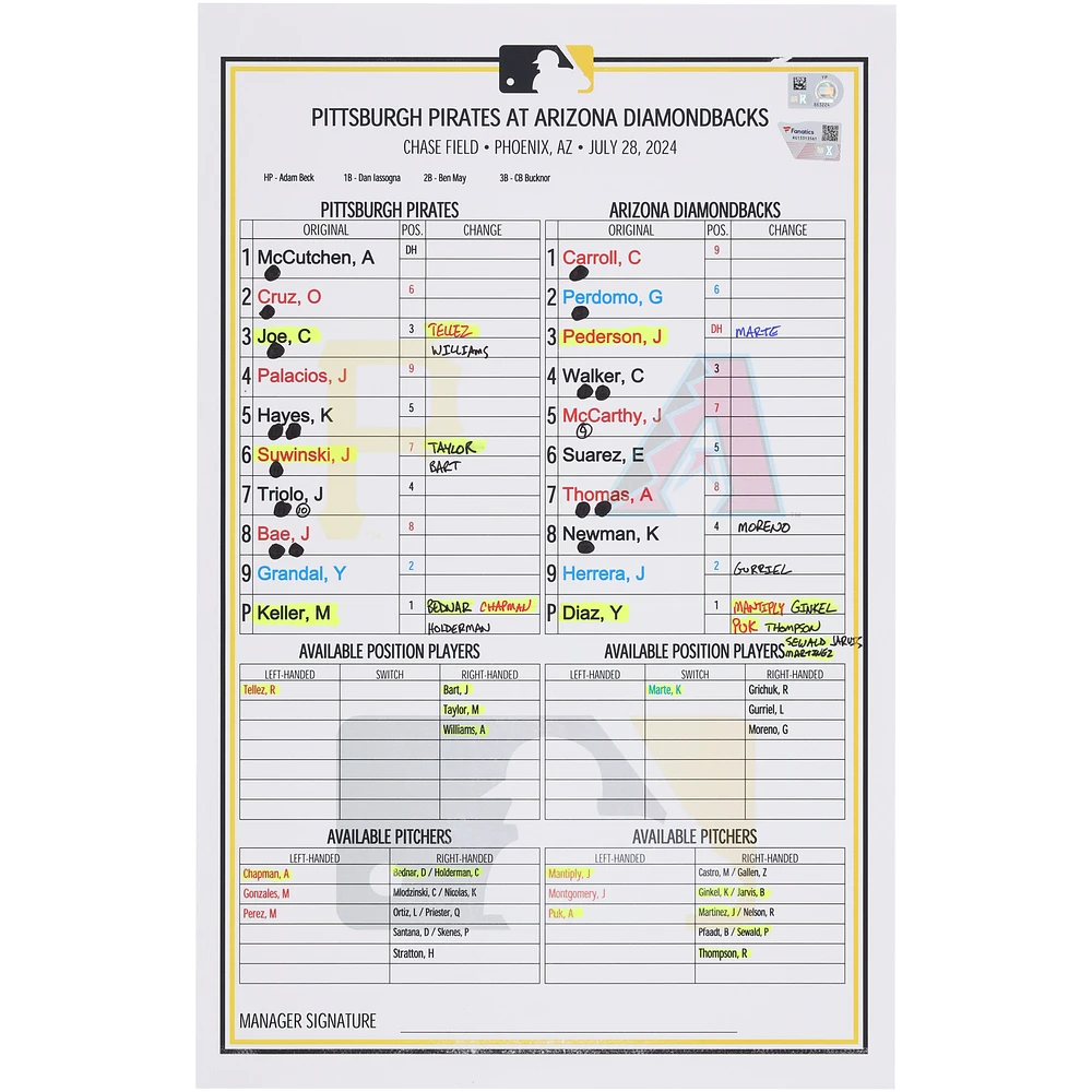 Pittsburgh Pirates Game-Used Lineup Card vs. Arizona Diamondbacks on July 28, 2024