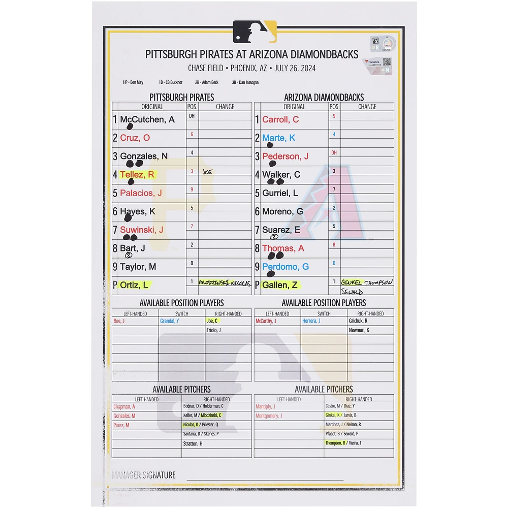 Pittsburgh Pirates Game-Used Lineup Card vs. Arizona Diamondbacks on July 26, 2024