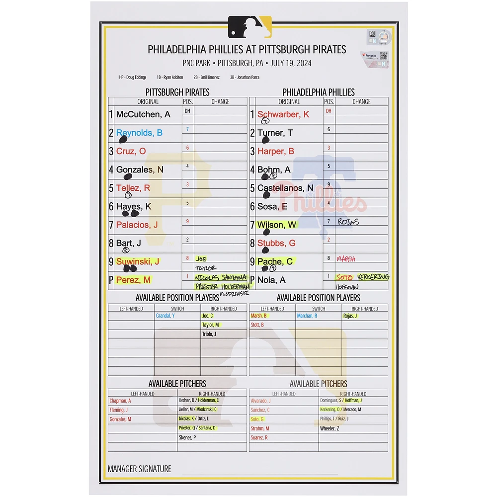 Pittsburgh Pirates Game-Used Lineup Card vs. Philadelphia Phillies on July 19, 2024
