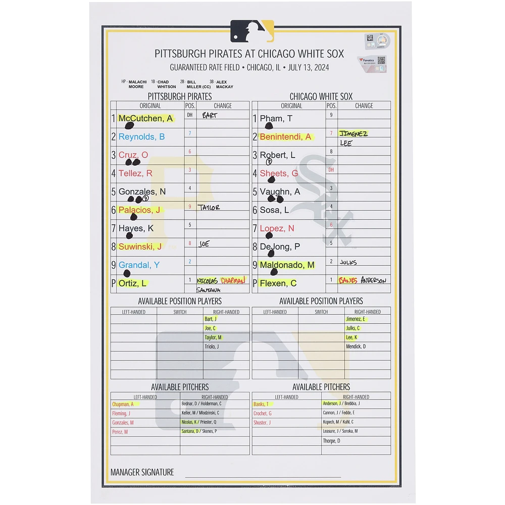 Pittsburgh Pirates Game-Used Lineup Card vs. Chicago White Sox on July 13, 2024