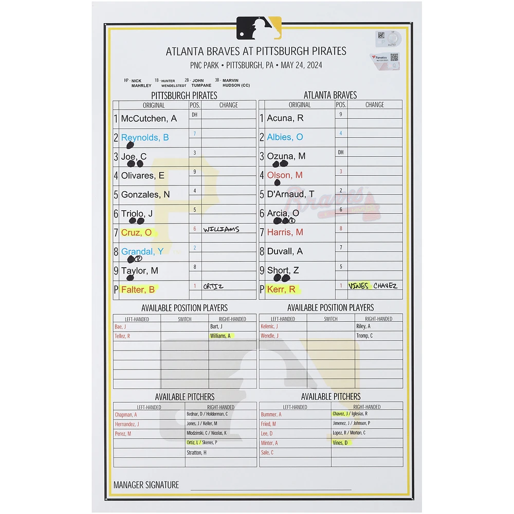 Pittsburgh Pirates Game-Used Lineup Card vs. Atlanta Braves on May 24, 2024