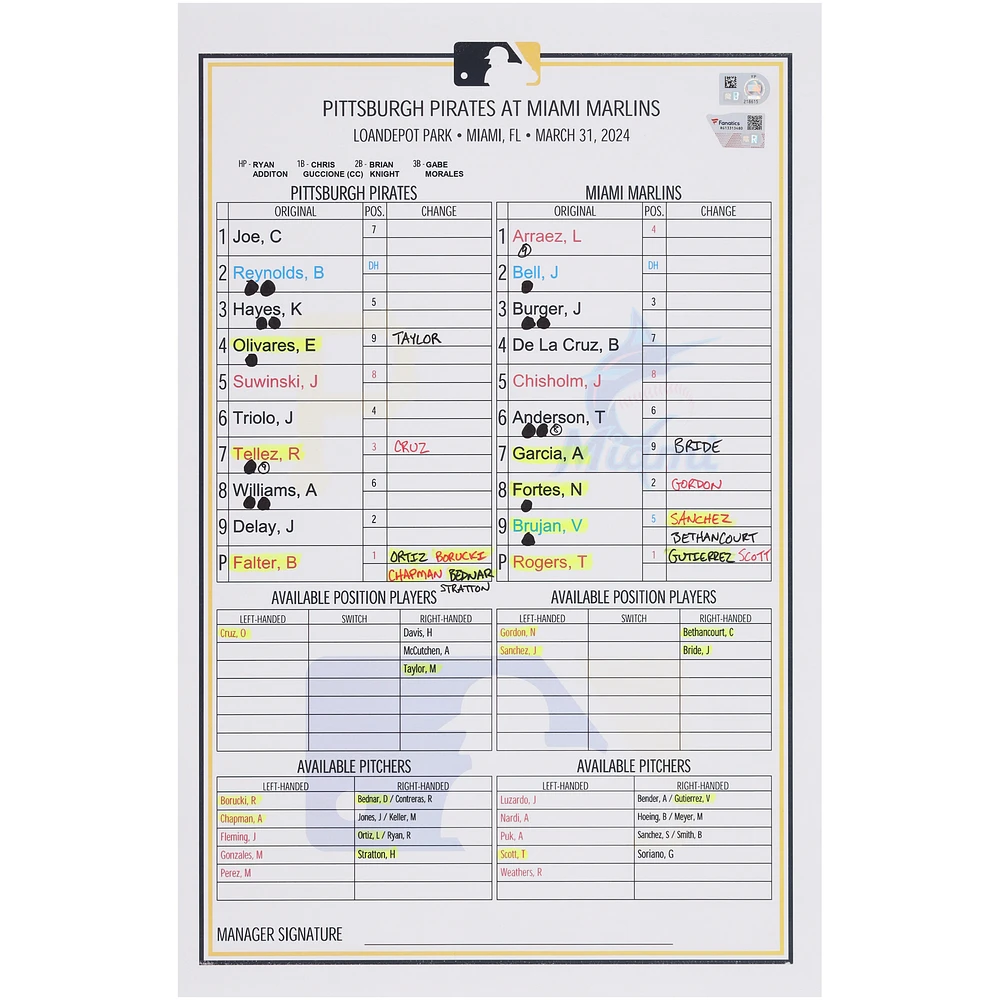Pittsburgh Pirates Game-Used Lineup Card vs. Miami Marlins on March 31, 2024