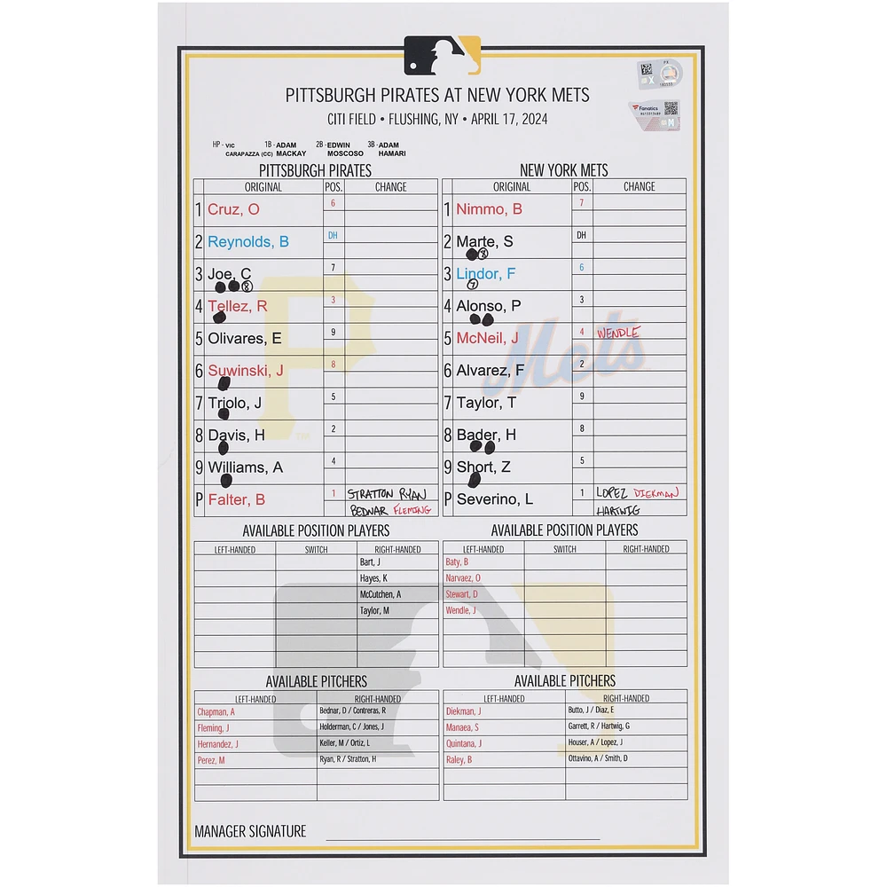 Pittsburgh Pirates Game-Used Lineup Card vs. New York Mets on April 17, 2024