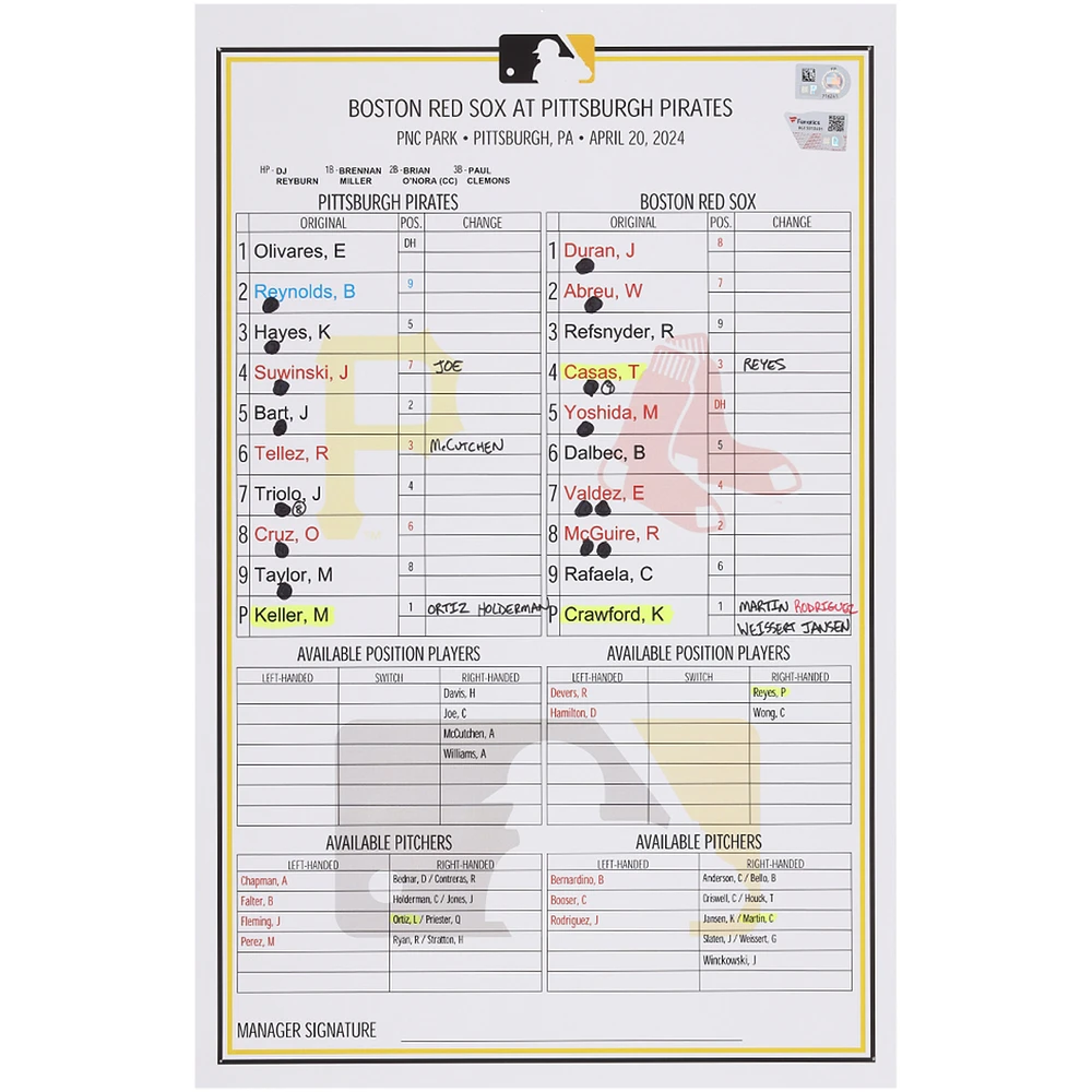 Pittsburgh Pirates Game-Used Lineup Card vs. Boston Red Sox on April 20, 2024