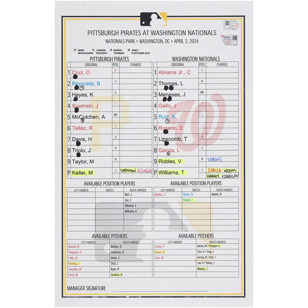 Pittsburgh Pirates Game-Used Lineup Card vs. Washington Nationals on April 3, 2024
